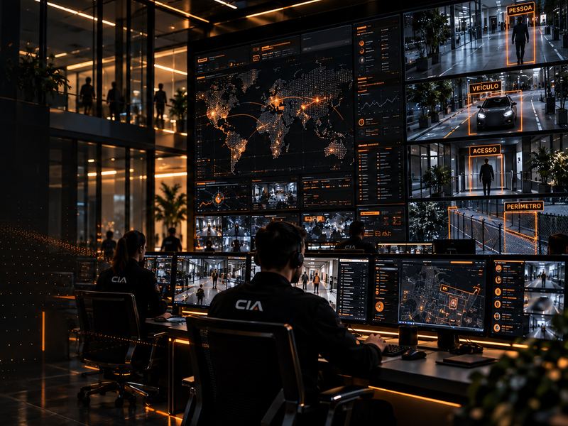 Ilustração conceitual de um centro de operações: videowall com detecções de pessoa, veículo, acesso e perímetro por IA e operadores em suas posições